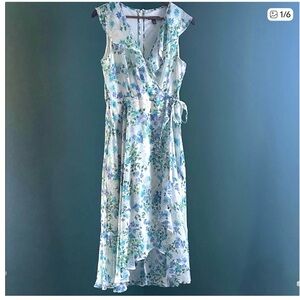 Chaps Asymmetrical Floral Dress in Blue and White